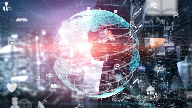A visually stunning representation of global connectivity, featuring a glowing globe surrounded by digital icons. Ideal for technology, innovation, and data visualization themes. Xenic