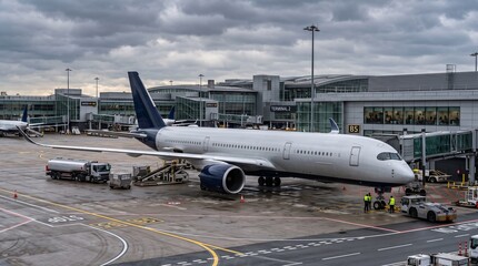 Fototapeta premium Large commercial passenger jet airliner parked at a busy airport terminal gate with various ground service vehicles under a heavy overcast cloudy sky.