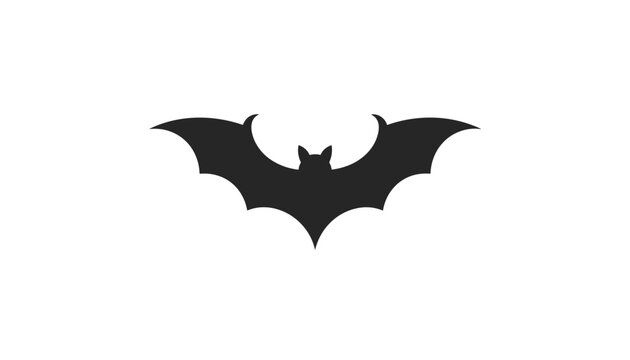 Symmetrical black silhouette of a flying bat with spread wings isolated on white background for Halloween.