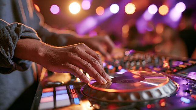 Hands adjust controls on a glowing DJ turntable