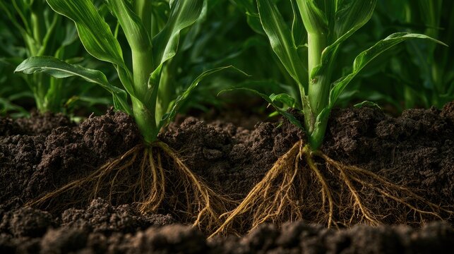 Close up view of healthy corn plants with roots growing in dark soil