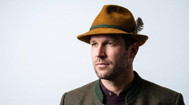 Man wearing traditional hat with feather in studio portrait  