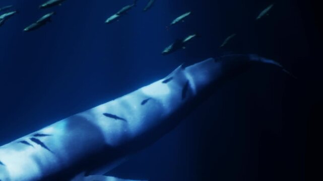A whale swims through deep ocean waters while small fish move around it. Light filters through the surface, creating patterns in the water. This scene captures life in the ocean.