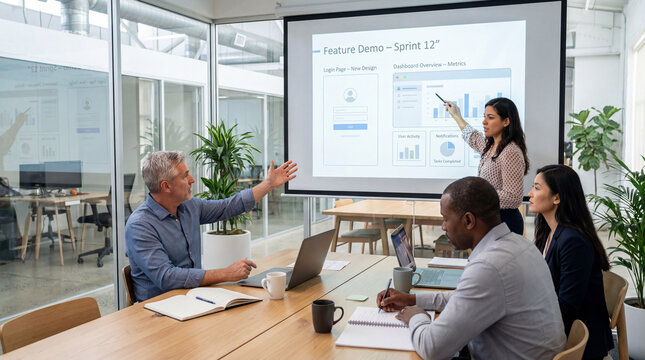 Agile team presenting a sprint feature demo for software development, with a Latina woman reviewing a dashboard, metrics, login design, user activity and completed tasks