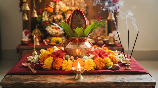 Traditional hindu puja setup for navratri with kalash, coconut, mango leaves, marigold flowers, lit diya oil lamp, and burning incense sticks on altar