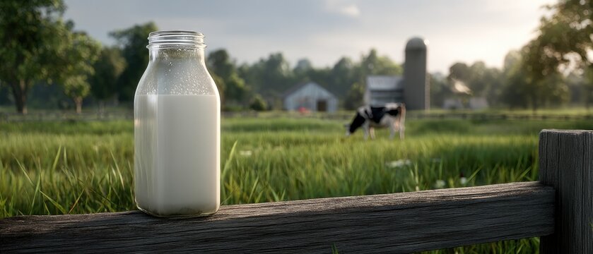 Milk jug overflows with foam and liquid on wooden fence post at a dairy farm during golden hour with cow grazing