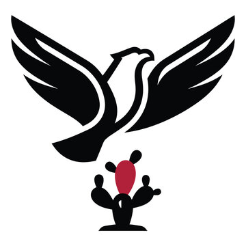 Mexican eagle flying above a nopal cactus emblem for Mexico Independence Day celebration