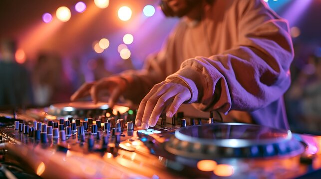 Dj hands adjust knobs on turntable under glowing lights
