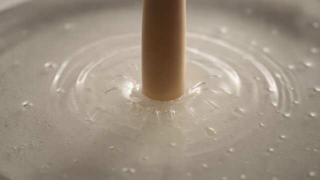 Macro shot of a white rod creating fine threads on a liquid surface demonstrating surface tension physics