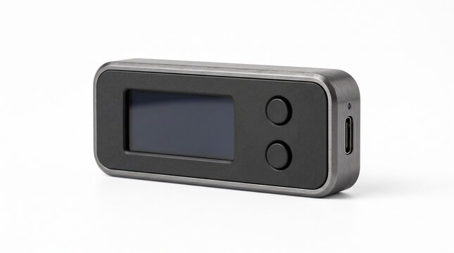 Small rectangular electronic device with a digital display screen and two circular buttons isolated on a white background, for control systems