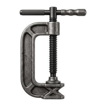 Vintage heavy duty c-clamp metal tool on transparent background