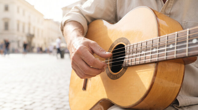 Close-up shot of a street musician playing a melodic acoustic guitar in a vibrant European city square during a sunny day
