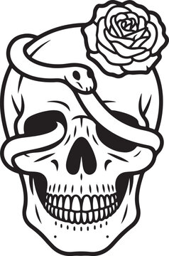 Hand drawn skull with snake and rose tattoo design for t-shirt print