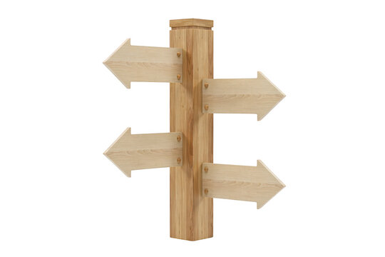 A wooden signpost with four blank directional arrows pointing in different directions isolated on a solid black background, for wayfinding use