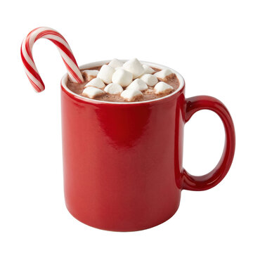 Red mug of hot chocolate with marshmallows and candy cane isolated