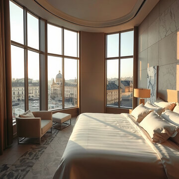 A spacious modern luxury bedroom with curved floor-to-ceiling windows, overlooking classic city buildings, furnished with a bed, armchair, and side lamp, illuminated by soft morning sunlight.