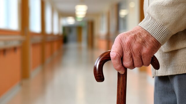 Elderly individual holds a walking cane in a bright corridor with wooden details and polished floors