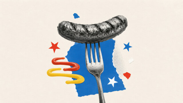 image.pngUSA summer barbecue sausage on fork with patriotic red white and blue paper collage, stars and mustard for holiday cookout