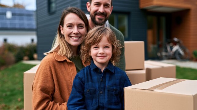 Family with child moving into new eco - friendly home with solar panels