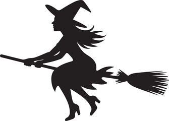 Fototapeta premium Witch flying on broomstick over city silhouette vector illustration for Halloween design