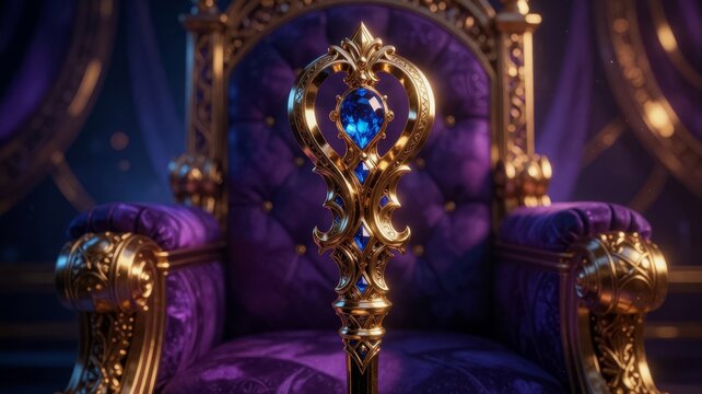 Regal Gold Scepter with Blue Sapphire Gemstones before a Velvet Throne
