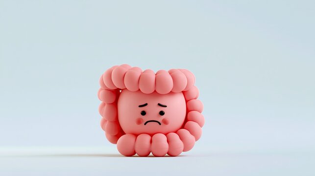 Sad Cartoon Gut Character on Blue Background, Digestive Problem Concept