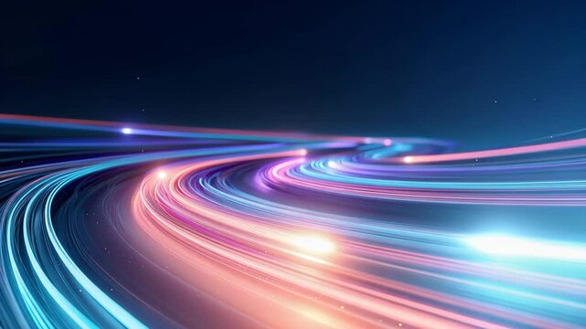 Abstract neon light trails flowing through dark futuristic technology background