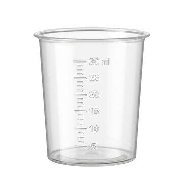 Clear plastic medical measuring cup with milliliter markings isolated