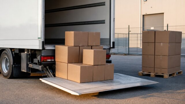 Boxes being unloaded from a delivery truck at a warehouse loading dock in daytime