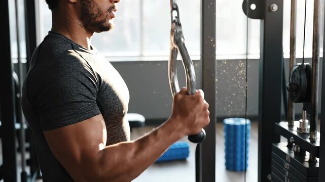 Man does tricep pushdown with cable machine in gym. Athlete trains arms using cable for tricep exercise. Man performs pushdown workout. Cable machine training for arm strength in fitness gym.
