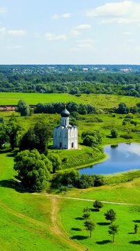 Vertical video. Russia, Bogolyubovo. Drone footage of Church of the Intercession on the Nerl. Orthodox church and a symbol of medieval Russia. Drone footage, Departure of the camera. Rich colors
