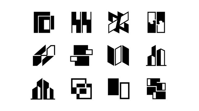 Minimalist geometric logo set, 12 abstract black icons. Modern corporate branding symbols, architectural building shapes for identity design.