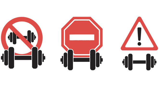 Weightlifting prohibition stop and warning signs with barbell elements flat vector icons