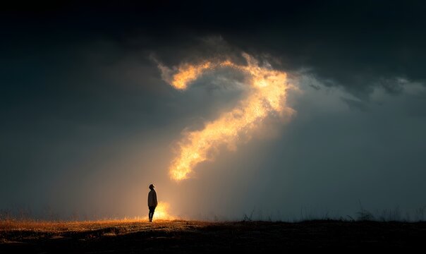 Lone figure standing on ground looking up at a giant glowing question mark in dark clouds