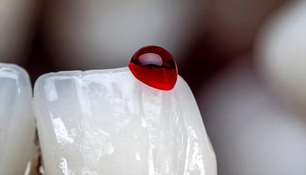 Macro photo of a drop of red blood on a clean white tooth, representing gum disease or dental bleeding