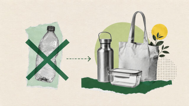 Single use plastic bottle crossed out beside reusable bottle, container and tote bag showing waste reduction and sustainable alternatives