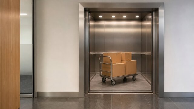 Moving boxes in an elevator at a building in an urban area during the day