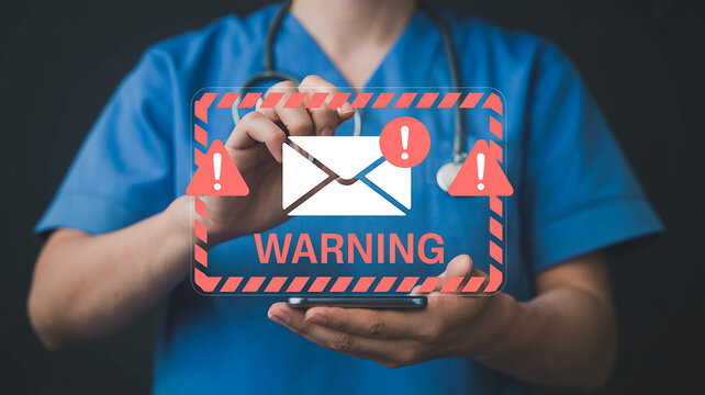 Healthcare professional holding a smartphone displaying a warning message with alert icons medical