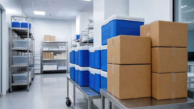 Storage area with blue coolers and brown boxes placed in a clean environment during daylight hours