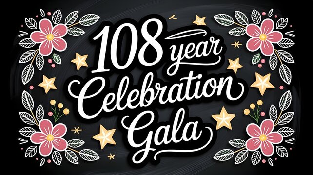 108 year celebration gala chalkboard style illustration with floral elements and stars