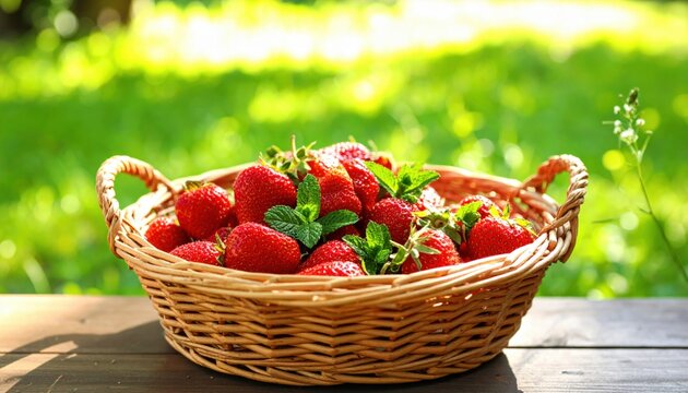 Plump, Ripe Strawberries Overflowing in a Wicker Basket, Bathed in Sunlight