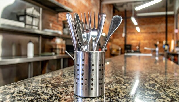 Polished chrome kitchen utensil holder filled with assorted silverware on a granite countertop