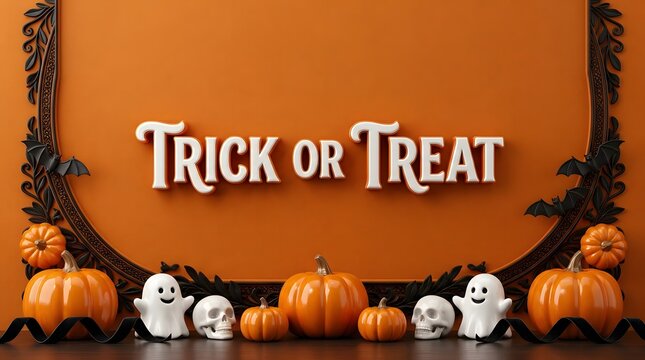 Festive halloween scene with pumpkins ghosts and trick or treat text