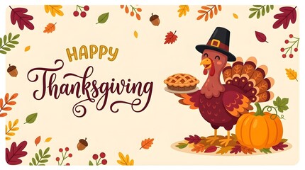 Fototapeta premium Festive thanksgiving illustration with turkey pumpkin pie and autumn leaves background