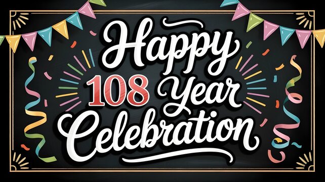 Happy 108 year celebration text on chalkboard background with colorful bunting flags and confetti for anniversary, birthday, or milestone event