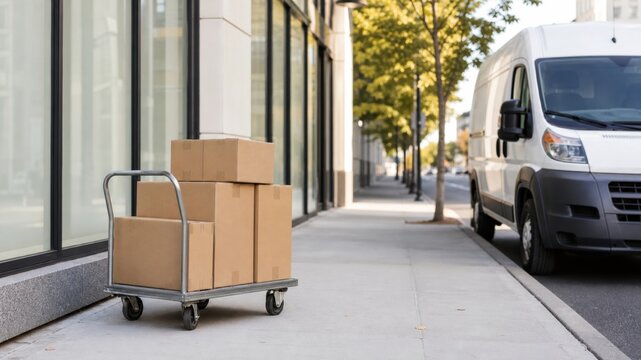 Delivery van parked on street next to stacked boxes on a cart during daytime