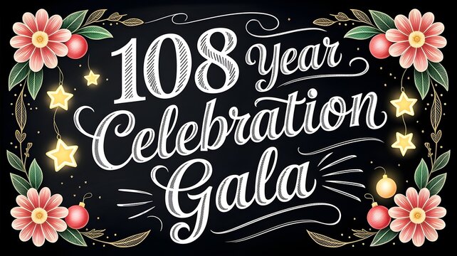 108 year celebration gala chalkboard sign with floral and star decorations, vintage typography design for anniversary event invitation or poster