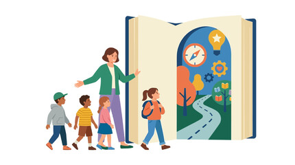 Fototapeta premium Teacher Guides Children Through Open Book Portal