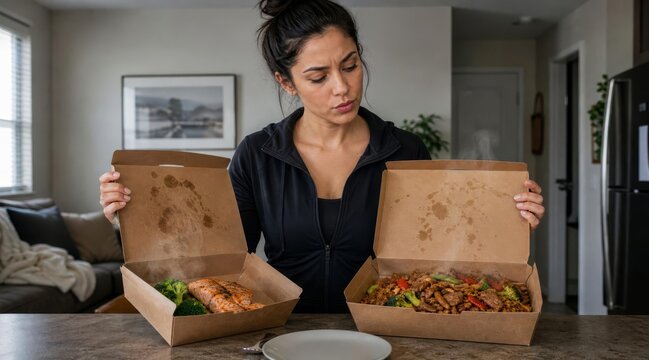 Customer comparing takeaway food portion sizes at home
