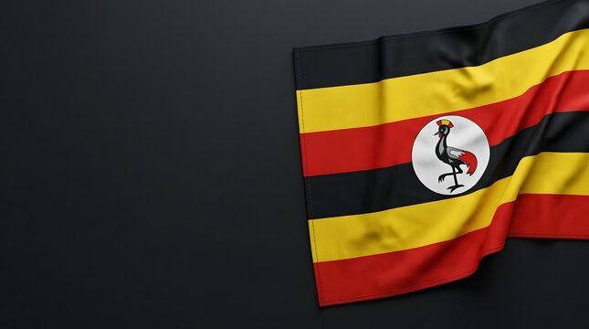 Uganda national flag waving in wind with emblem on black background for African identity and pride